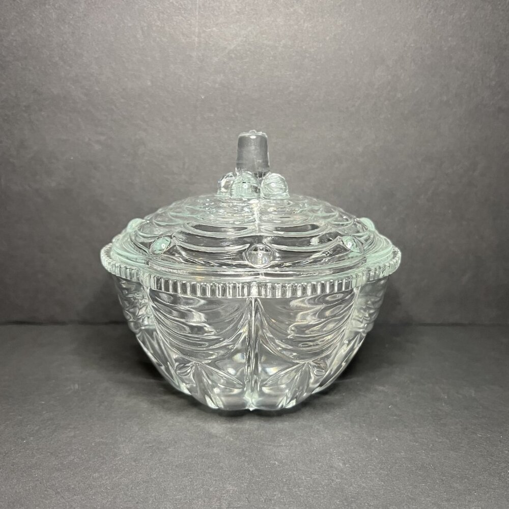 Vintage KIG Indonesia Pressed Glass Beaded Rim & Footed Candy Bowl Dish w/ Lid